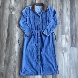 Vintage Mirrors 2  Long Sleeve Denim Dress S/M Button Front Tie Back 90s Modest